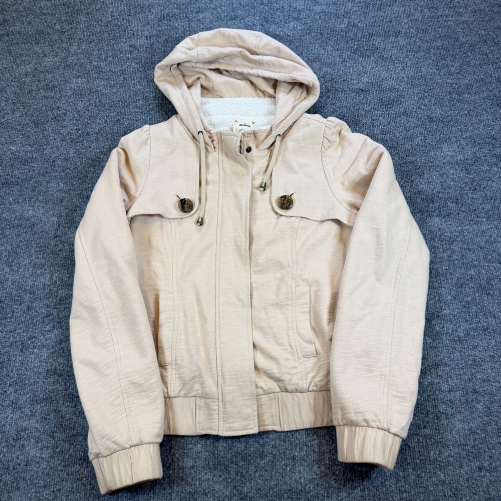Allihop Hooded Sherpa Lined Cotton Bomber Jacket Beige Size M Gorpcore Utility
